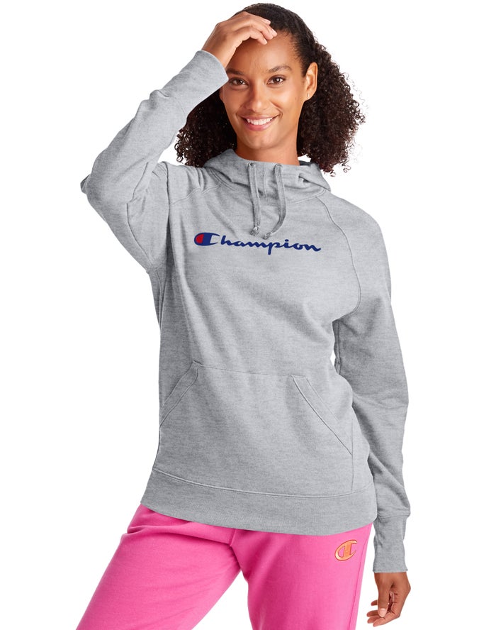 Champion Dame Hættetrøje Grå - Powerblend Fleece Script Logo - Danmark VWF-937048